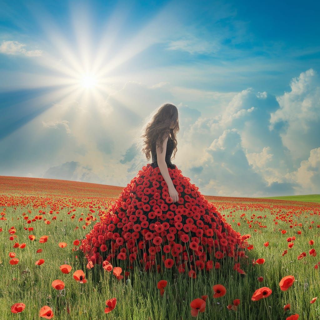 Woman in Poppy Dress in Sunny Field