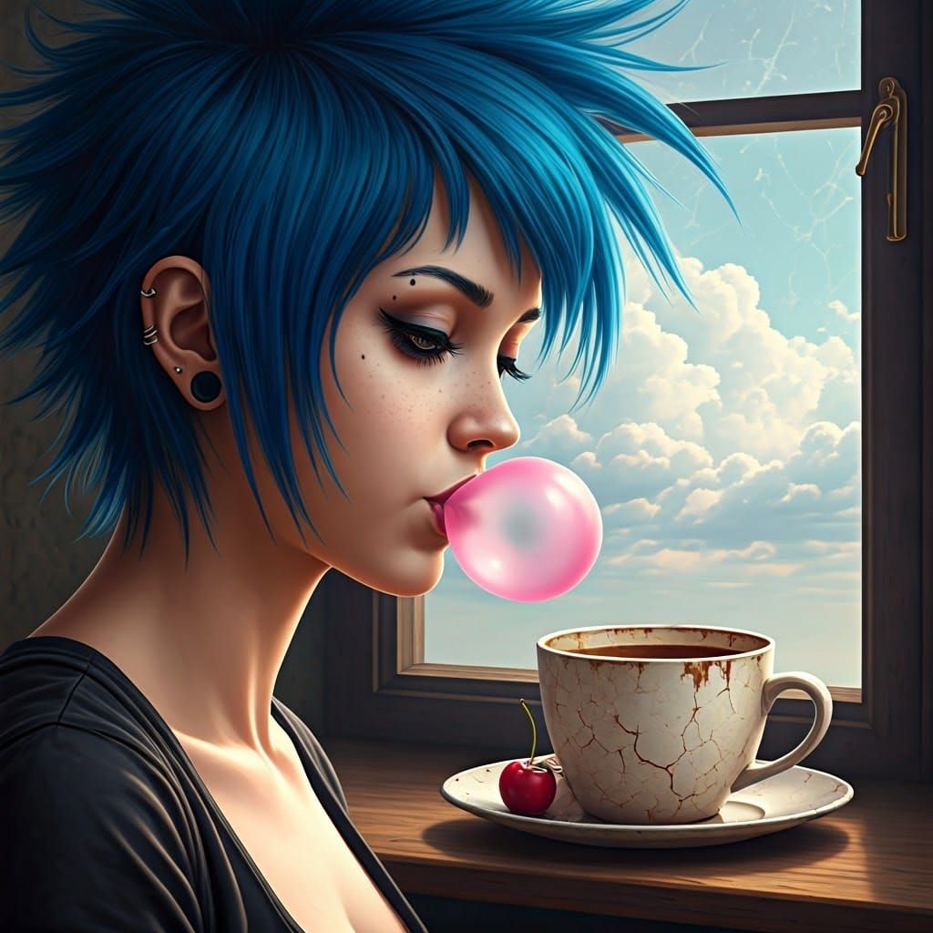 Electric Blue Punk Girl Blows Giant Bubblegum Bubble