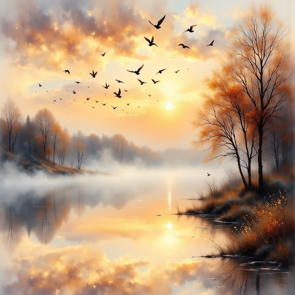 Dynamic Bird Flock Over Misty Sunrise Lake