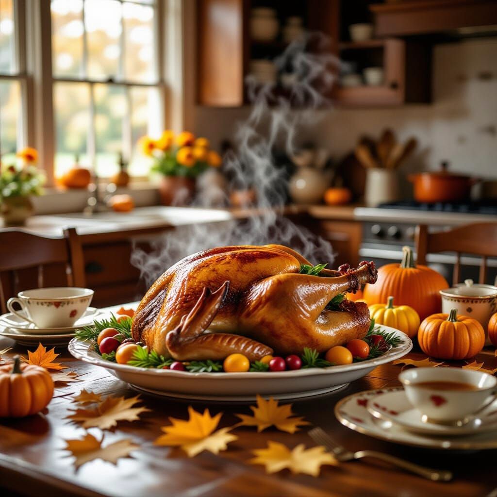 Thanksgiving Turkey on Decorated Table in Cozy Kitchen