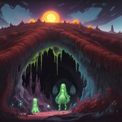 Alien Slime Girls Civilization in Cavernous Landscape