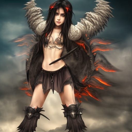 a hot demon girl with demonic wings and black horns with tan skin with two swords on her back with a puffer jacket with ...