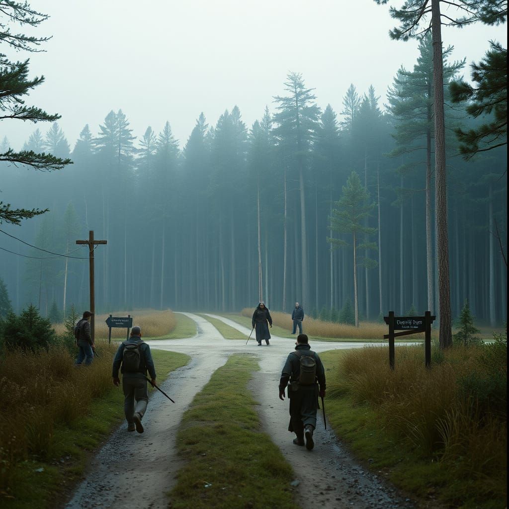 Epic Film-Still of Adventurers at Crossroads in Forest