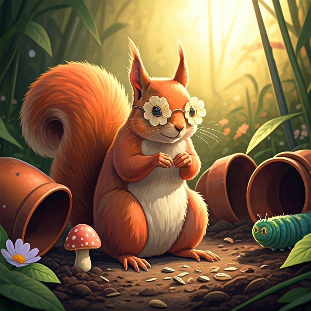 Whimsical Red Squirrel Amidst Chaos, Ghibli Style