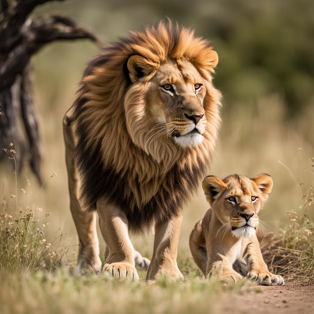 A lion cub crouching down as an adult male lion comes up behind him in protective stance