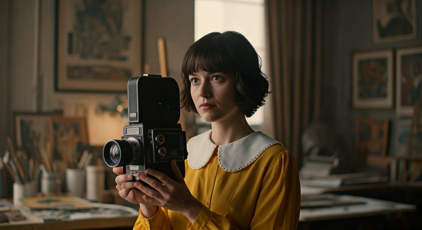 Woman with Super 8 Camera in 1970s Studio