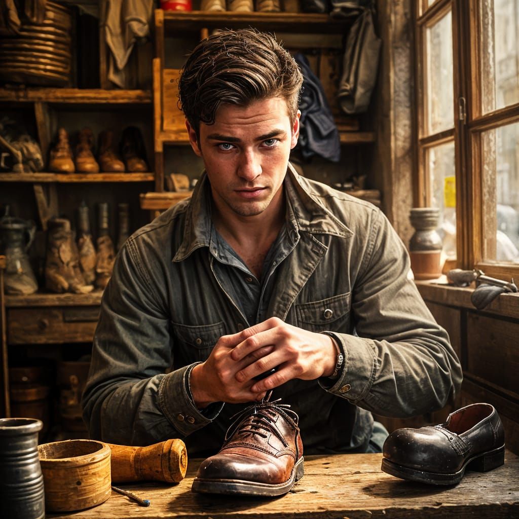 Mysterious Young Man in a Shoe Repair Shop