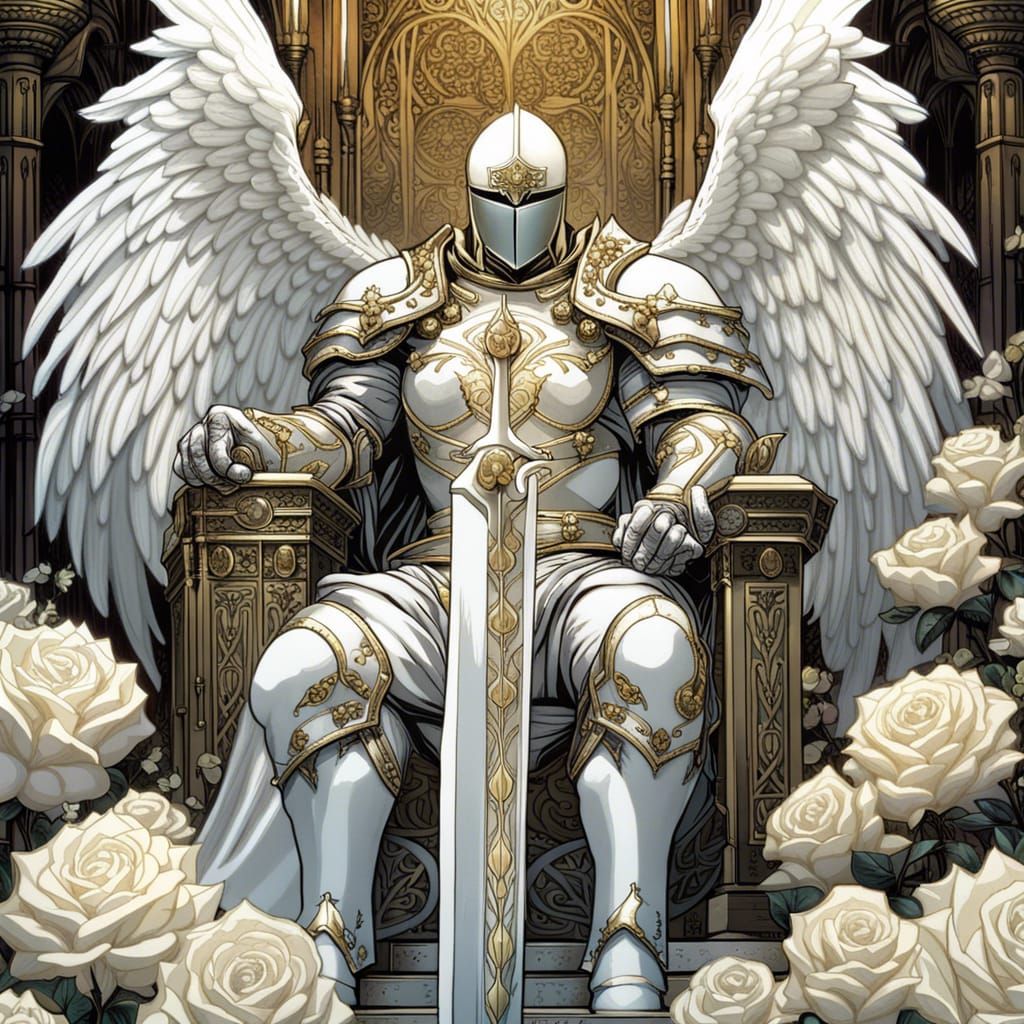 Gothic Angel Knight on Rose Throne, Comic Book Art