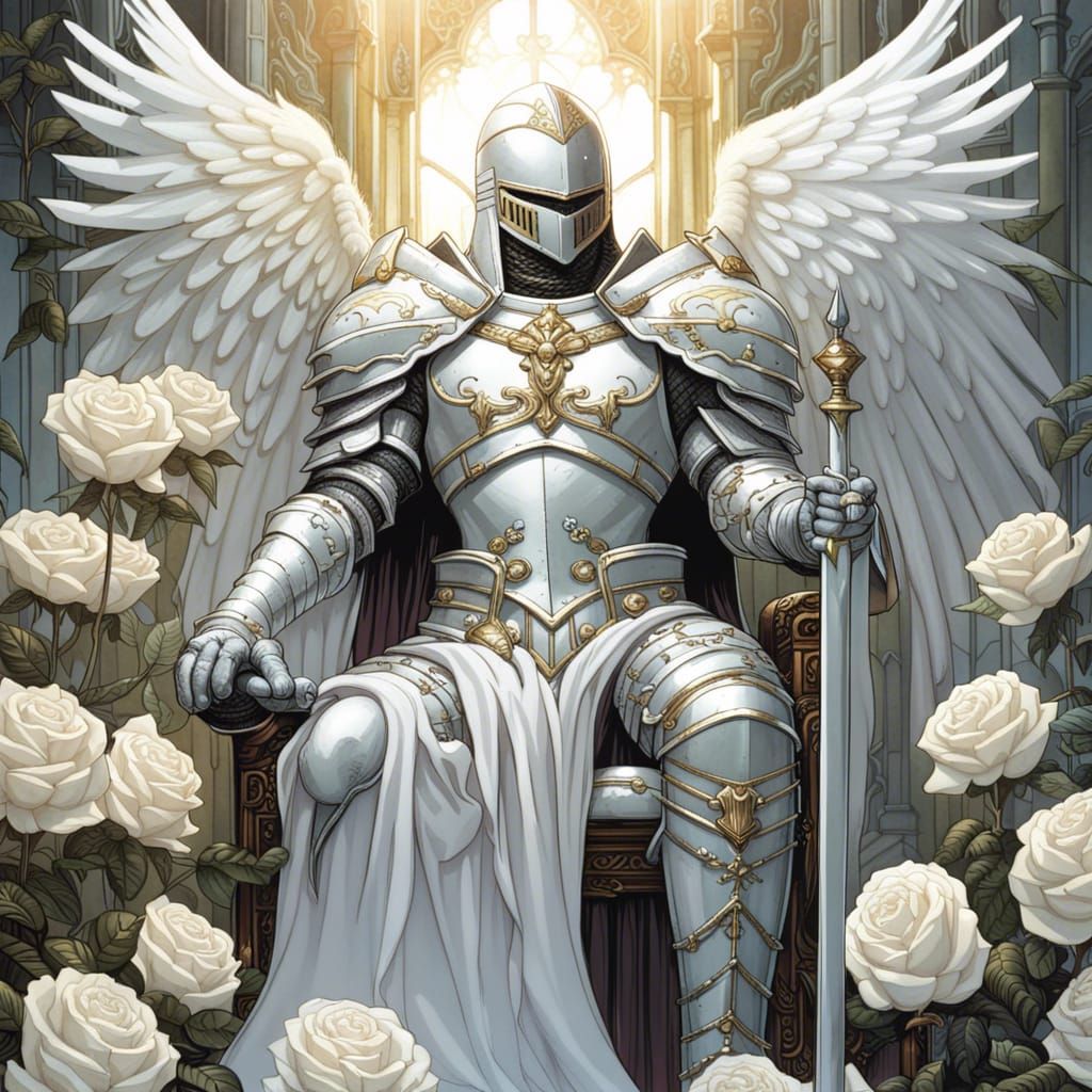 Gothic Angel Knight on Rose Throne in Comic Book Style