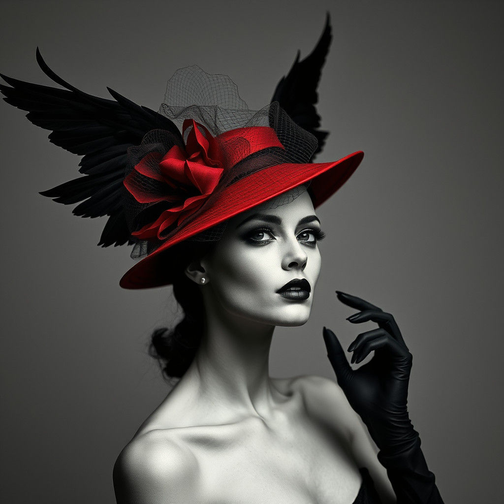 Fashion Model in Scarlet Hat: Black and White Photo