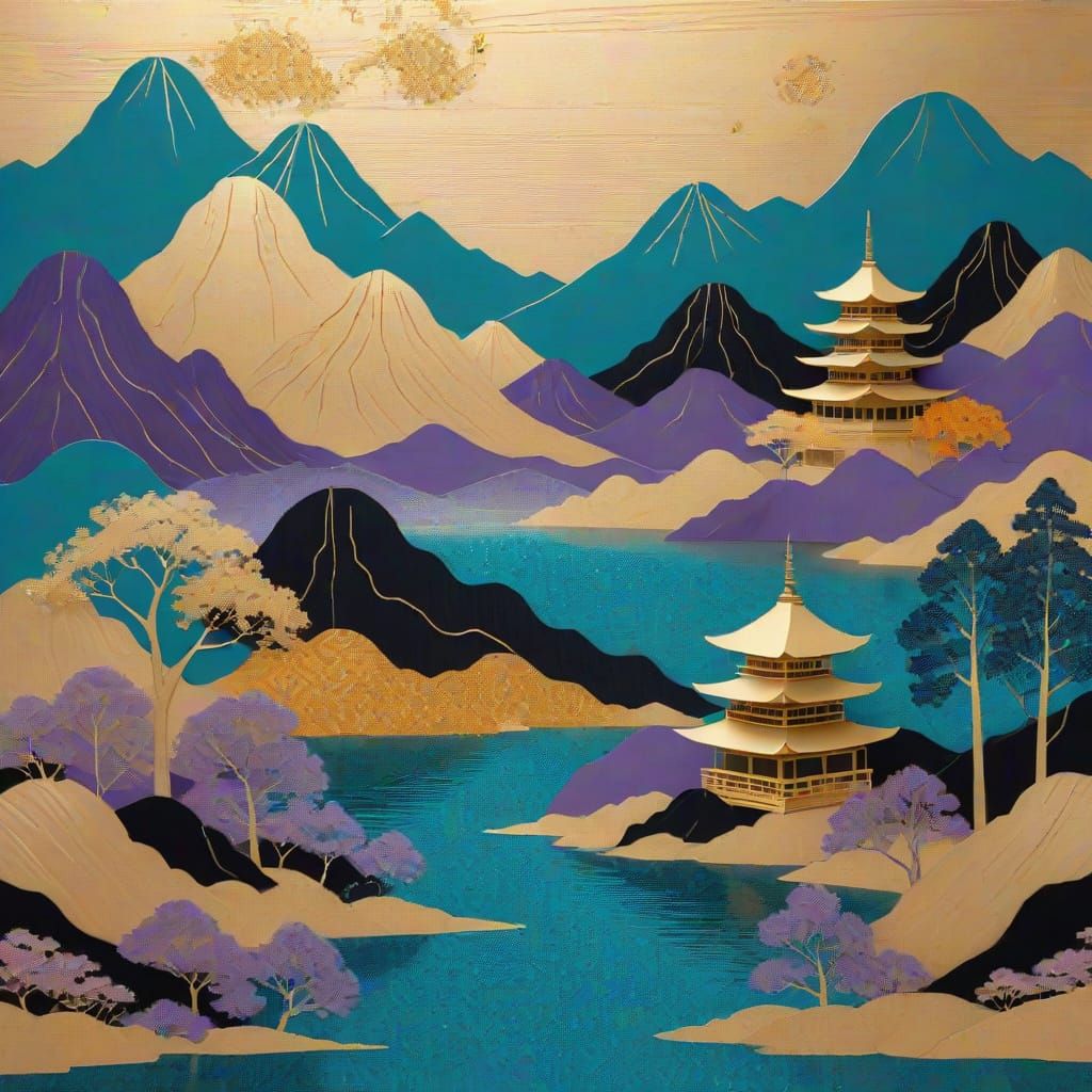 All gold Japanese landscape with temple   7