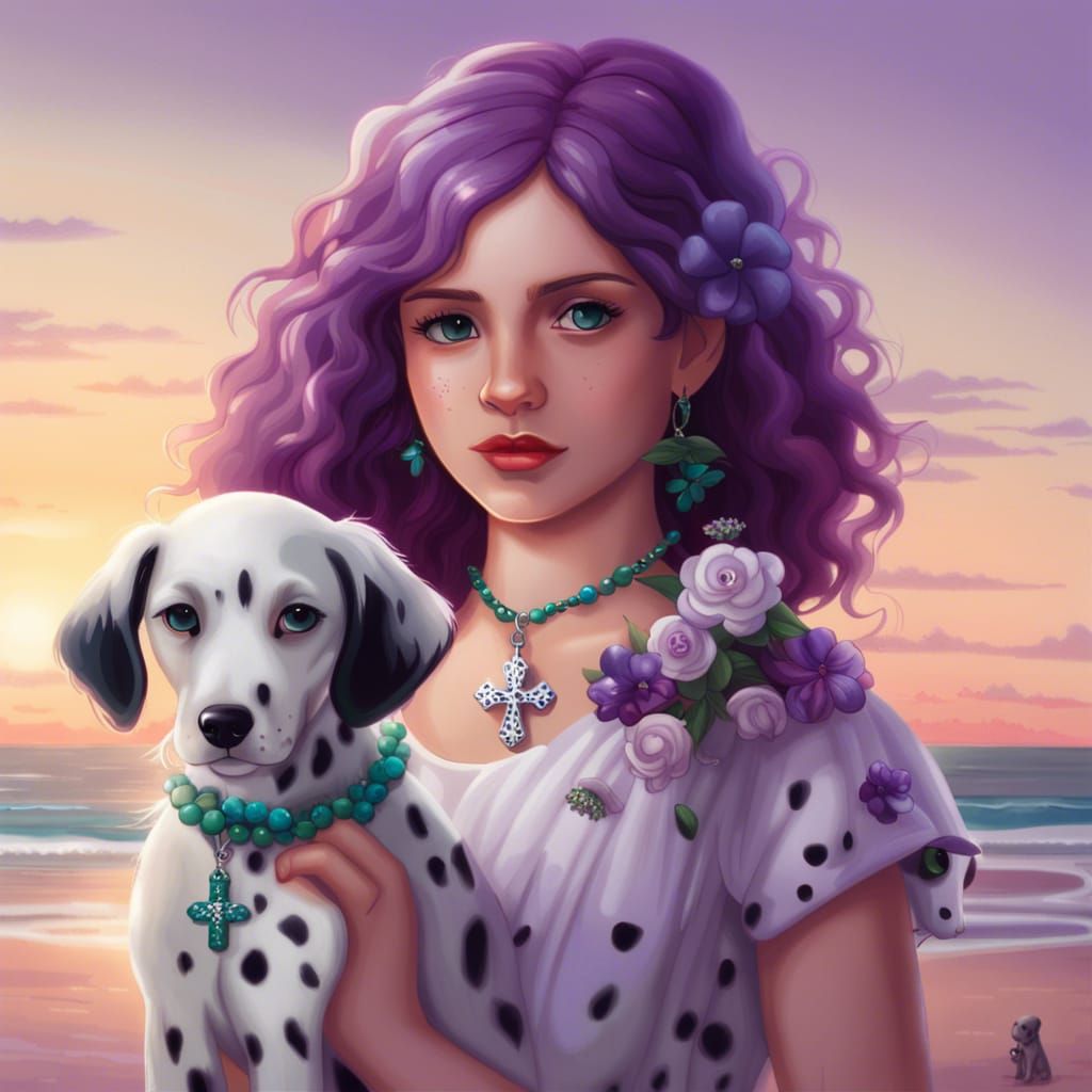 Girl and Dalmatian Puppy on Beach at Sunset