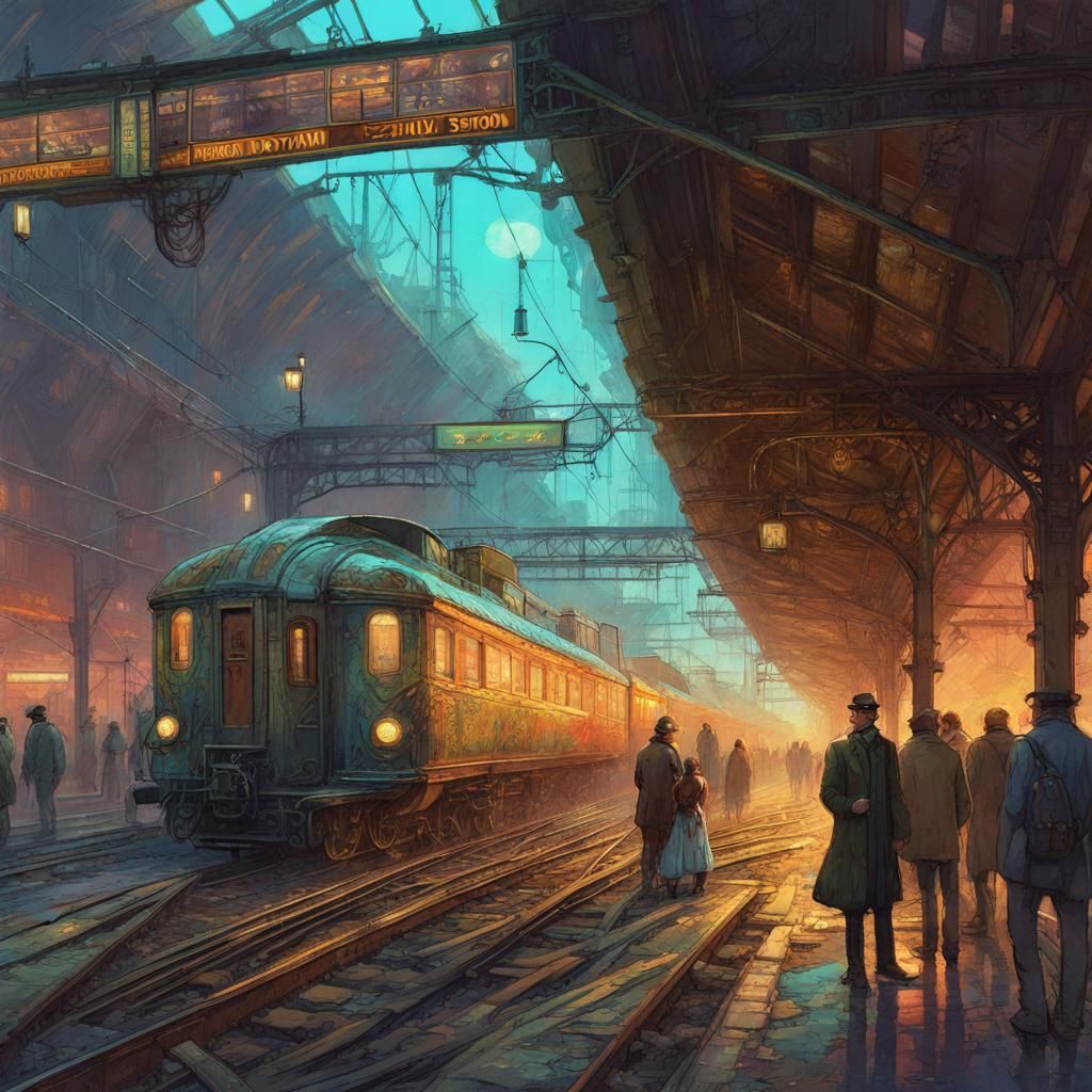 Steampunk Railroad Station in Neon City
