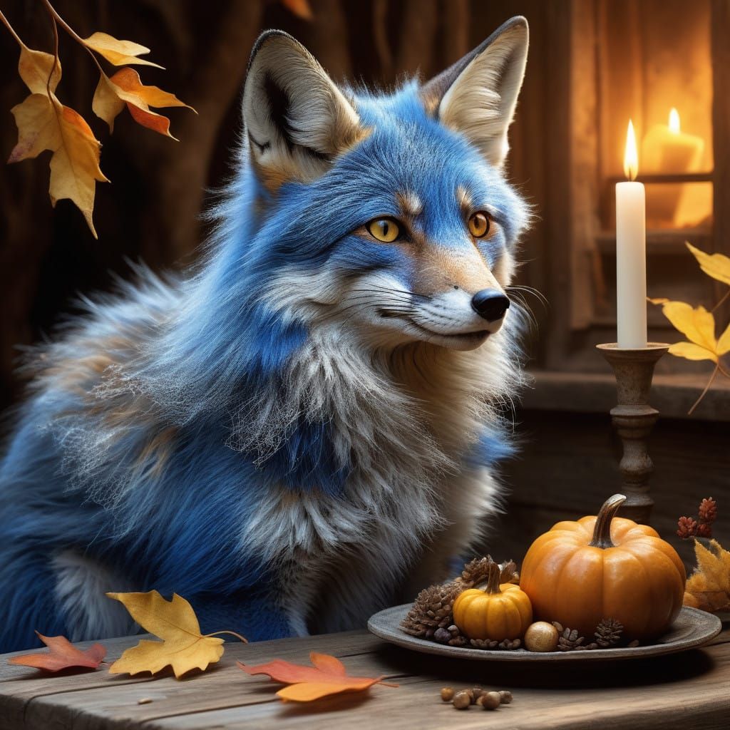 Whimsical Blue Fox Feasts in Cozy Autumn Setting