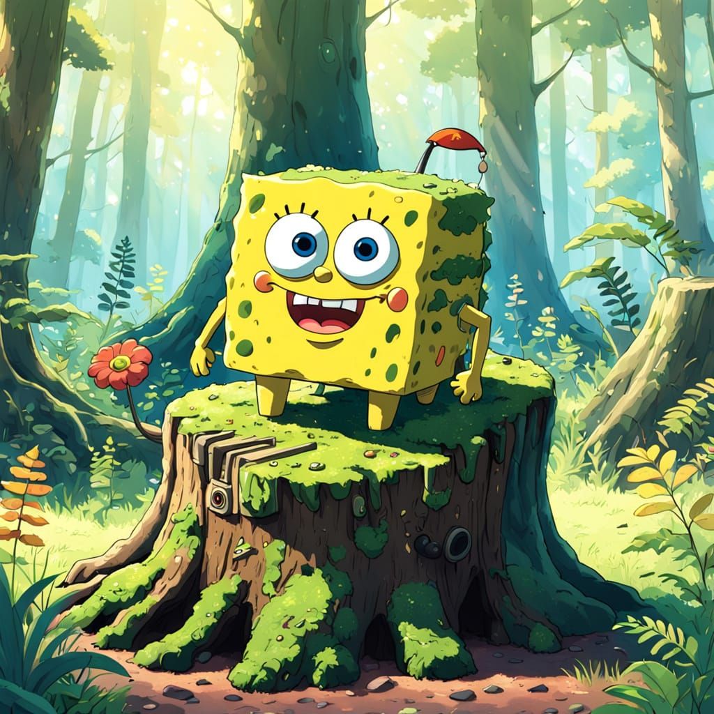 Bob Esponja in a Whimsical Forest Scene