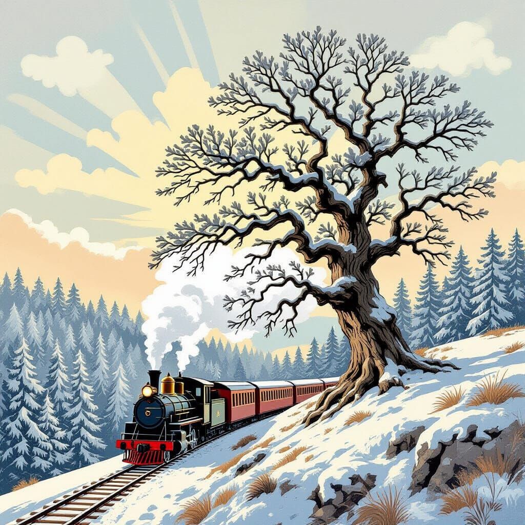 Ancient Frosty Oak and Steam Train in Winter Forest