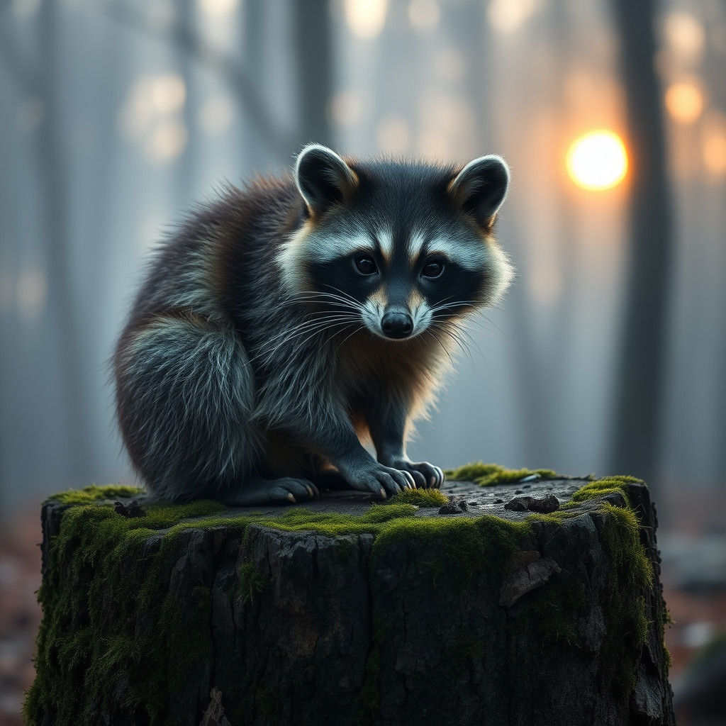 Raccoon Portrait in Misty Forest, Hyperrealistic Wildlife Ph...