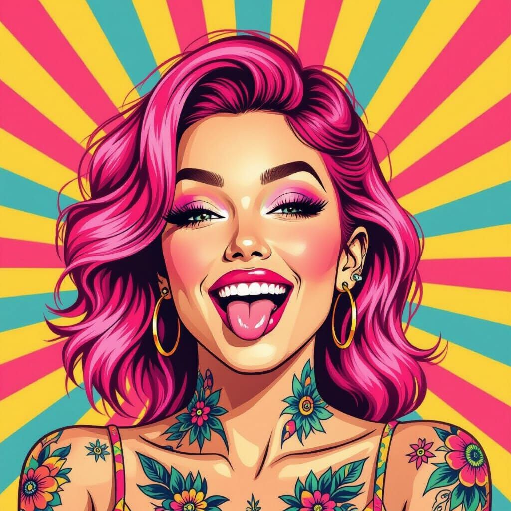 Retro Pink Haired Woman With Tattoos, Tongue Out