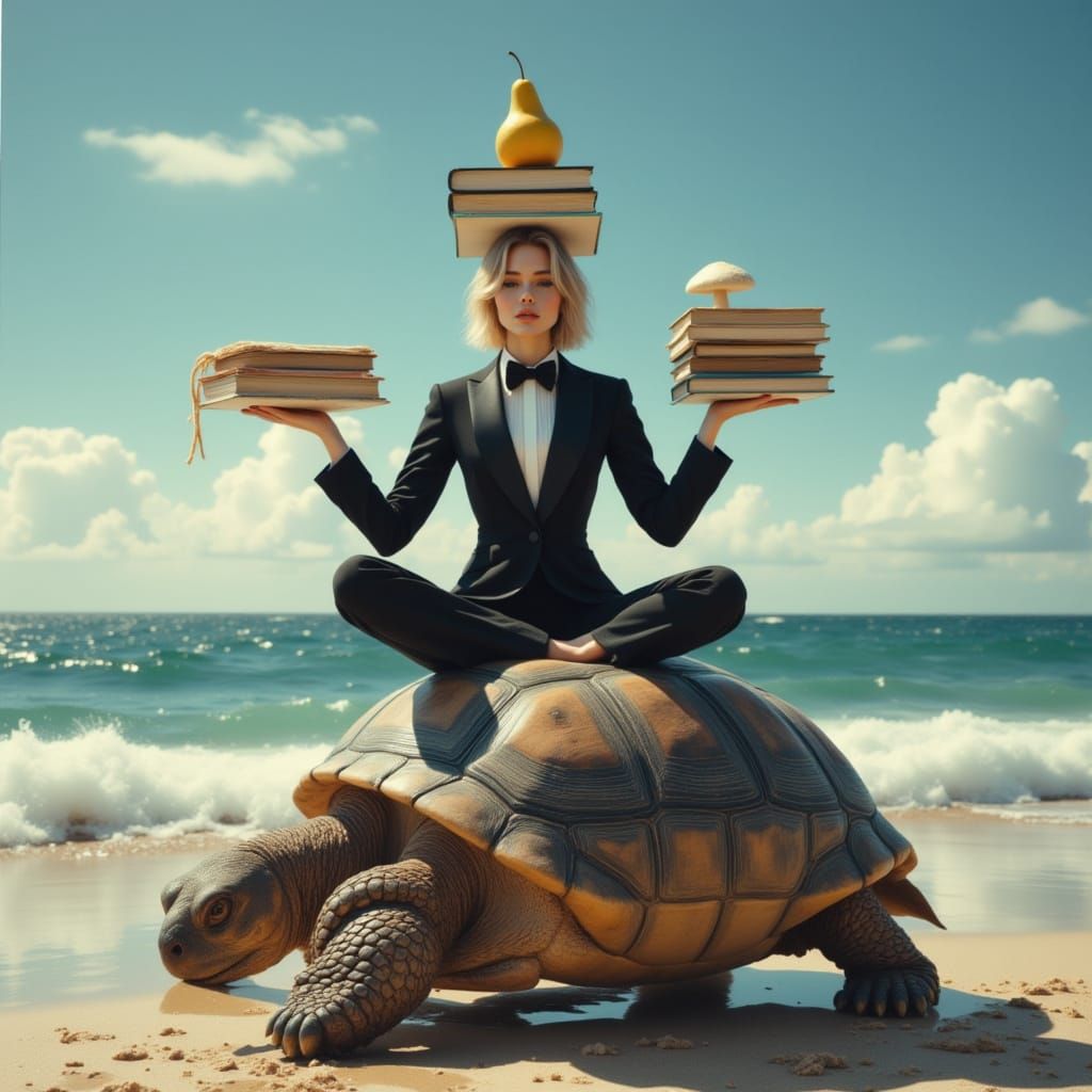 Woman in Tuxedo Holds Mushrooms on Tortoise