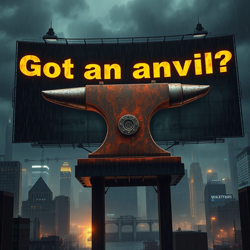 Gritty, Futuristic Billboard in a Rainy Cityscape