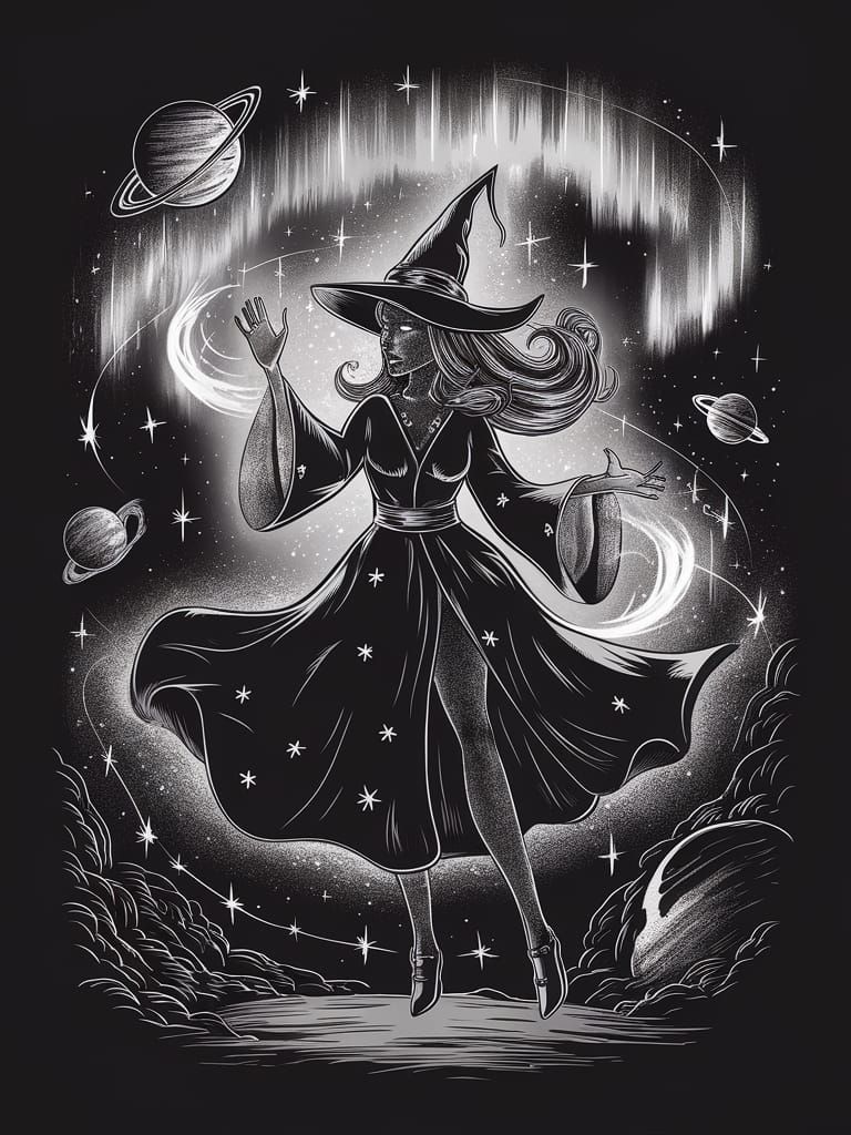 Whimsical Witch Silhouette Casting Magic Spell in Galaxy