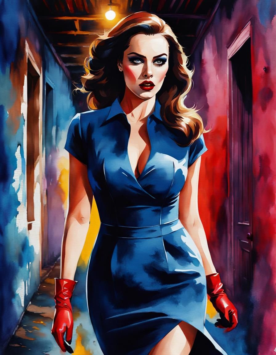 Terrified Woman in Dark Alley: Watercolor Horror Portrait