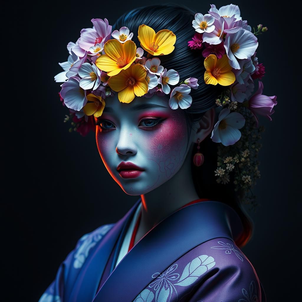 Geisha Adorned with Flowers: Dark Fantasy Art
