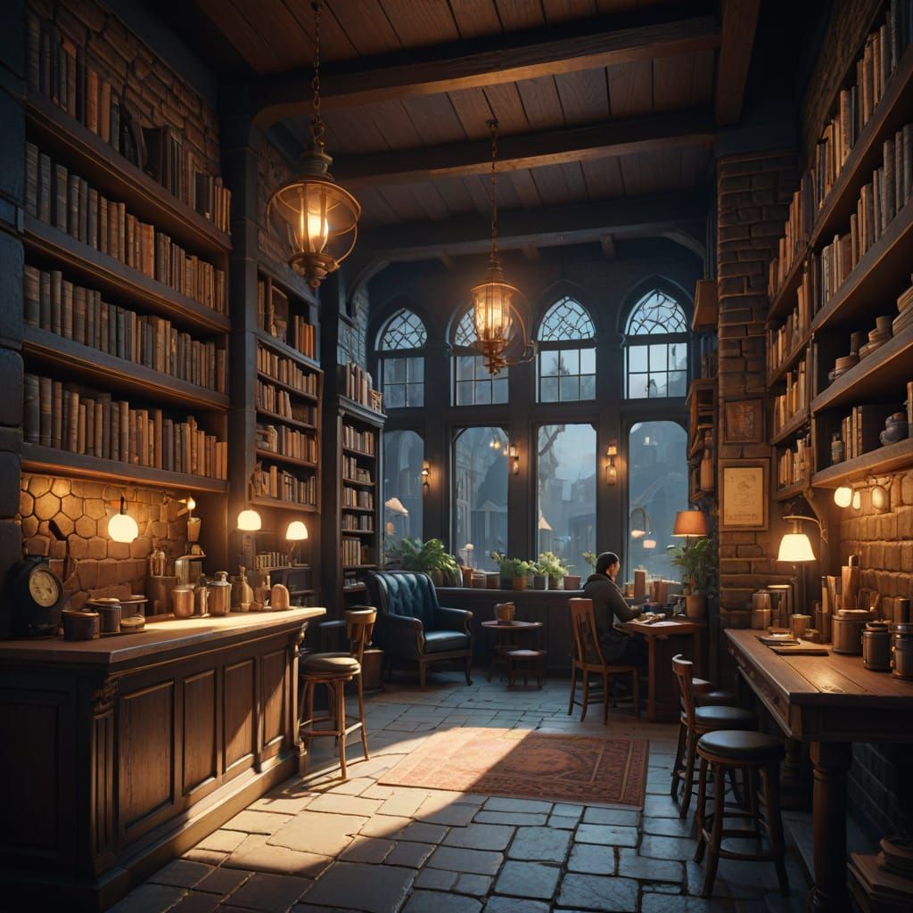 Enchanting Fantasy Cafe in Warm, Golden Lighting