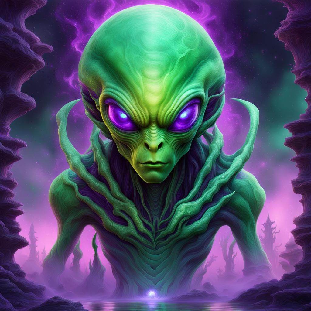 Green Alien Emerges from Glowing Portal in Digital Art