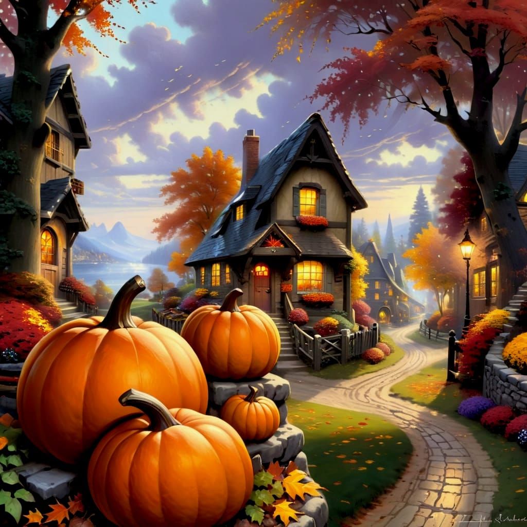 Charming Autumn Village in Kinkade Style