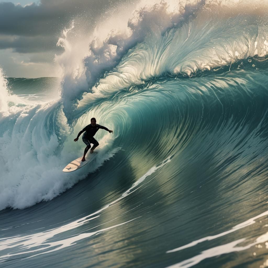 Surfer Rides a Wave: Hyperrealistic Digital Art