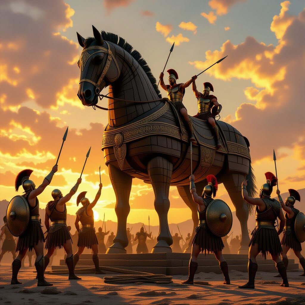 Greek Warriors Build Trojan Horse in Mystical Realism Style