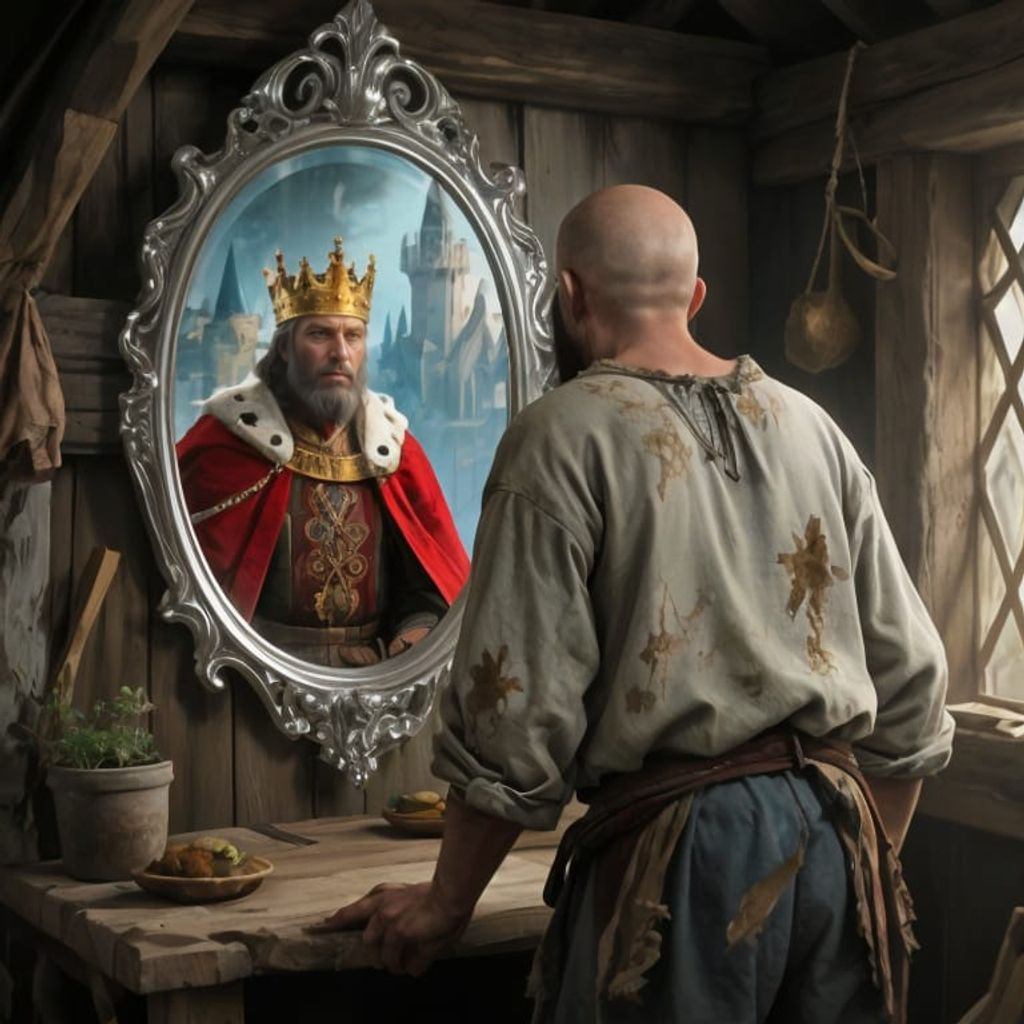 Medieval Farmer Sees Rich King Reflection