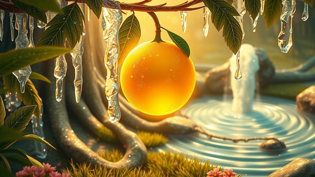 fantasy golden fruit forbidden paradise ice beams divine bright mirror spring