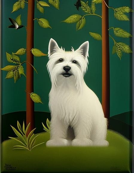 Westie in Scottish Moors: Rousseau-Inspired Botanical Canvas