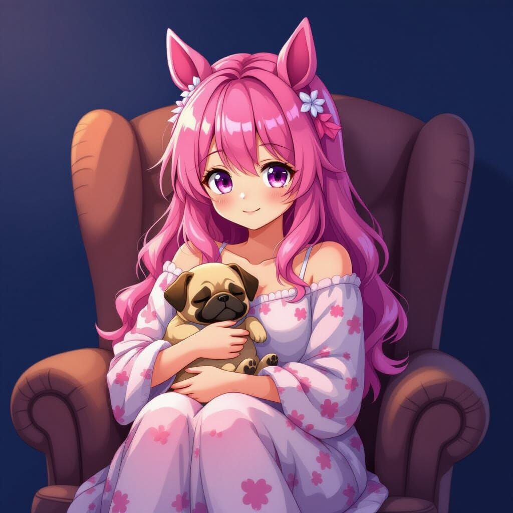Anime Girl with Horse Ears Holding Pug in Manga Style
