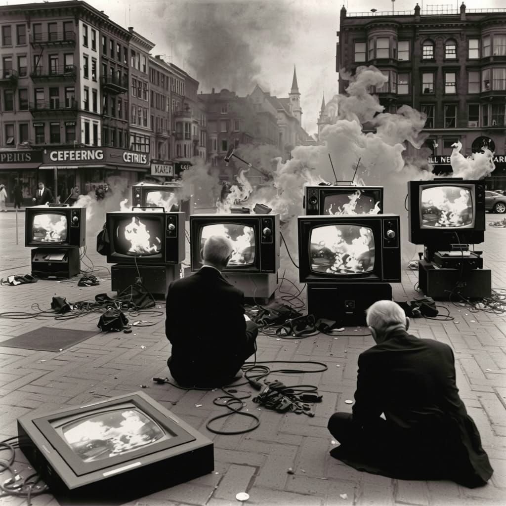 Surrealist Citizens Confront Burning Televisions in Haunting...
