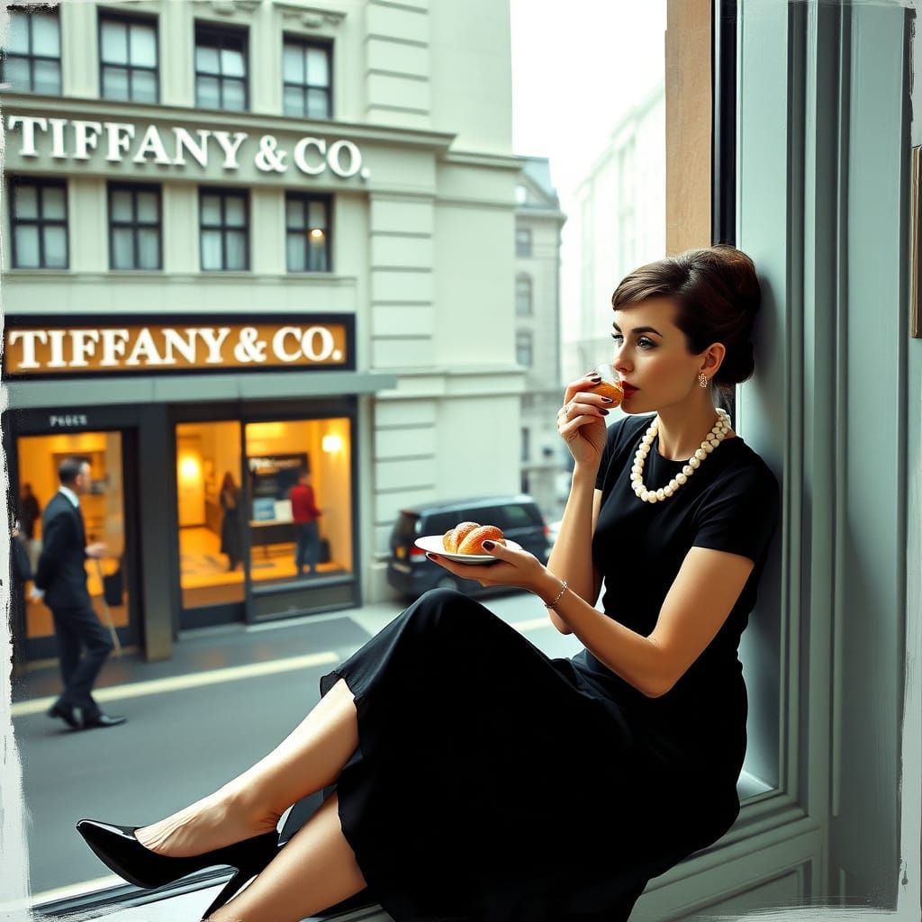Elegant Audrey Hepburn Sits in Tiffany's Windowsill