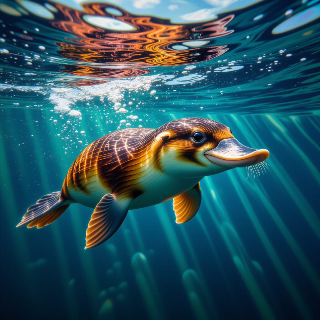 Underwater Platypus in Vibrant Photorealistic Style