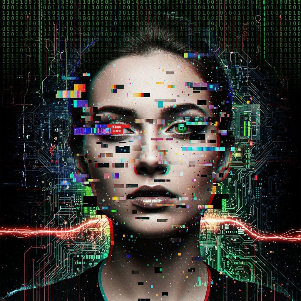 a woman whose face is fragmented into pixelated