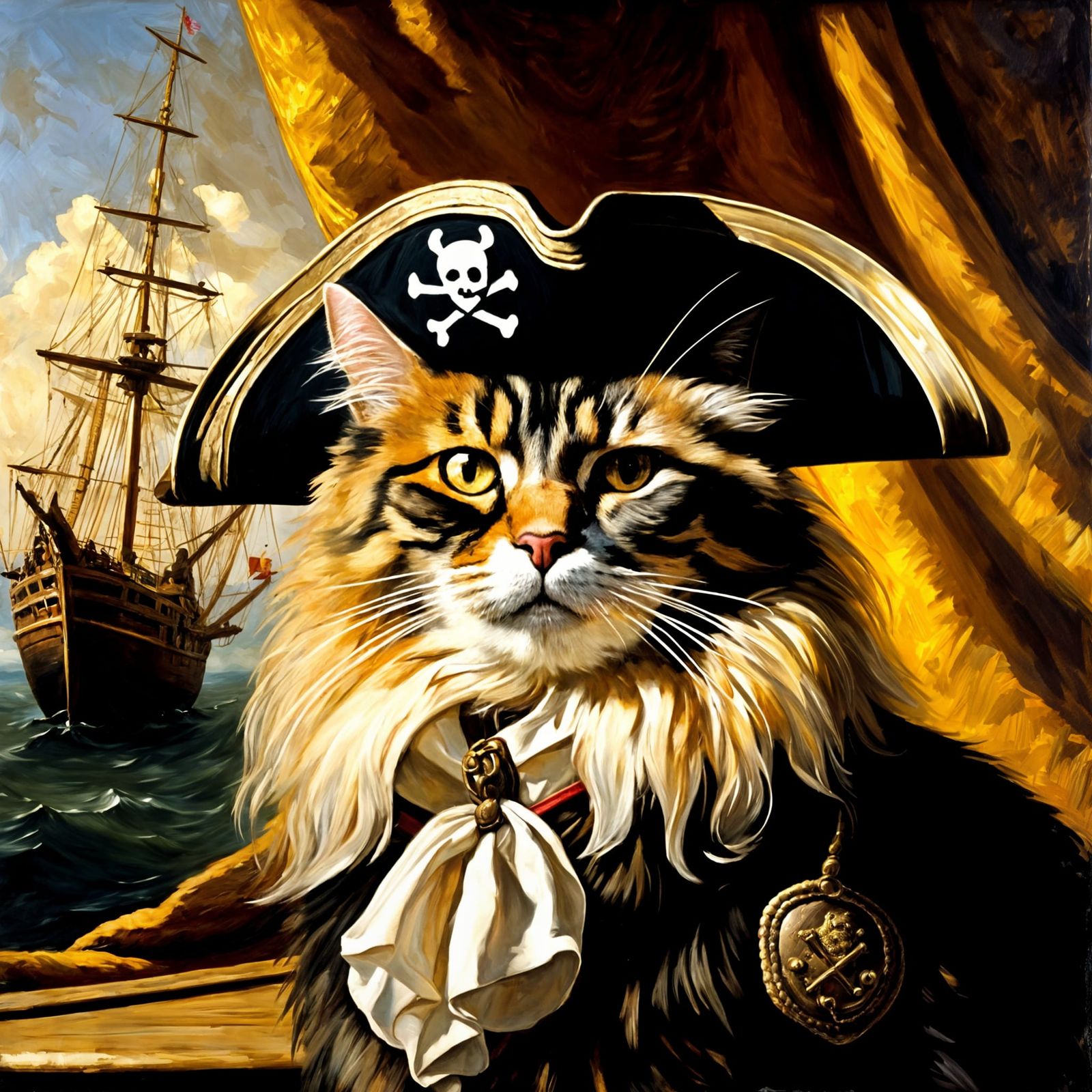 Pirate Cat Portrait in Baroque Impasto Style