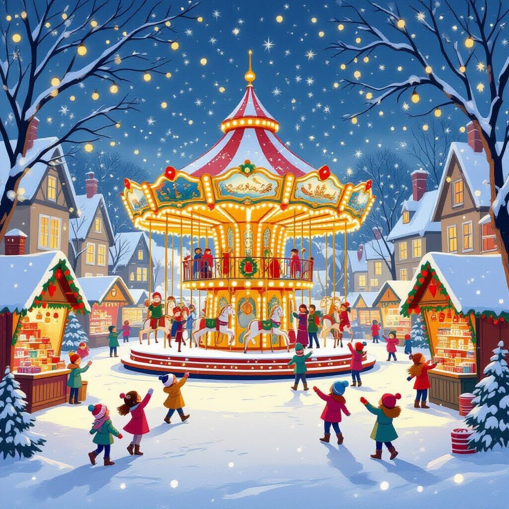Whimsical Christmas Town Square Illustration with Carousel a...