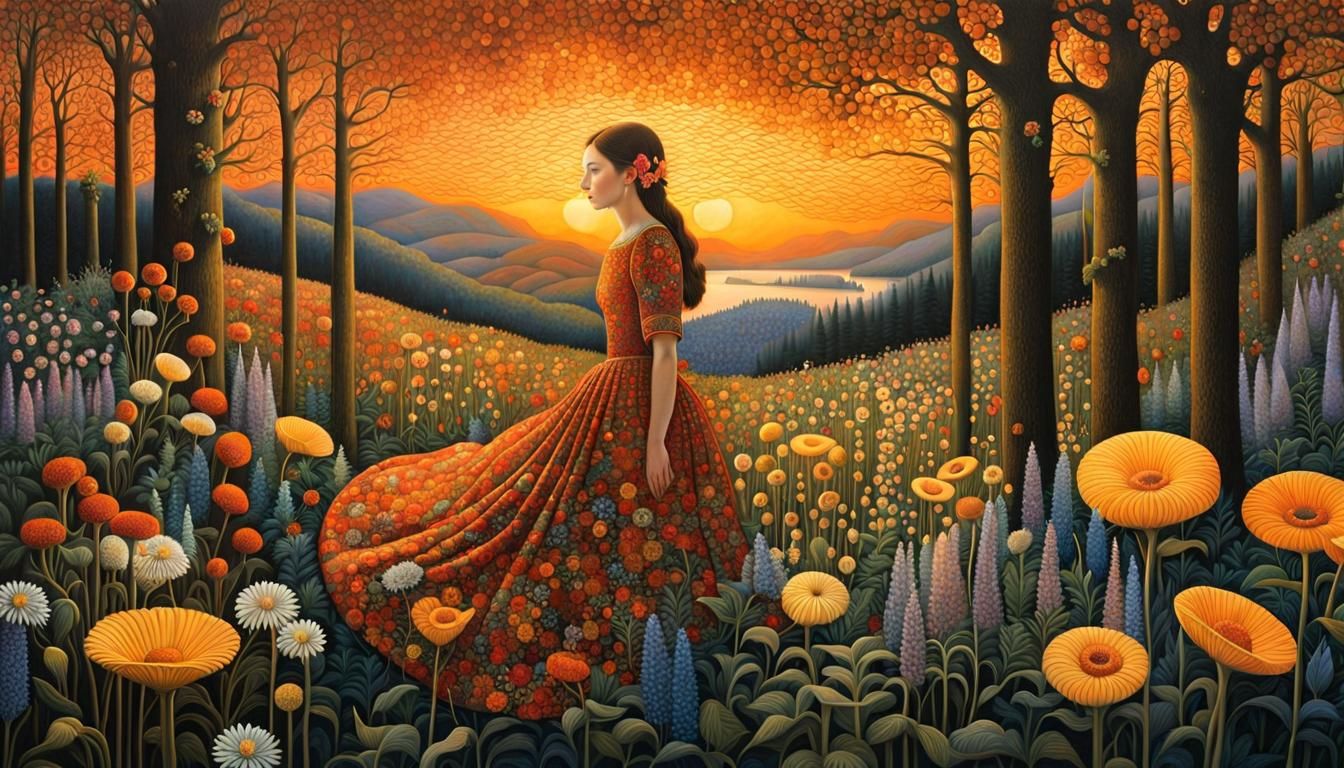Sunset Woman in Surreal Flower Forest