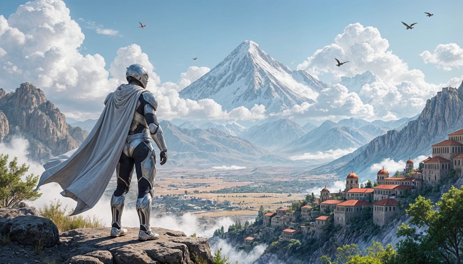 Syrian Superhero Overlooking Mountain Plains in 3D Art