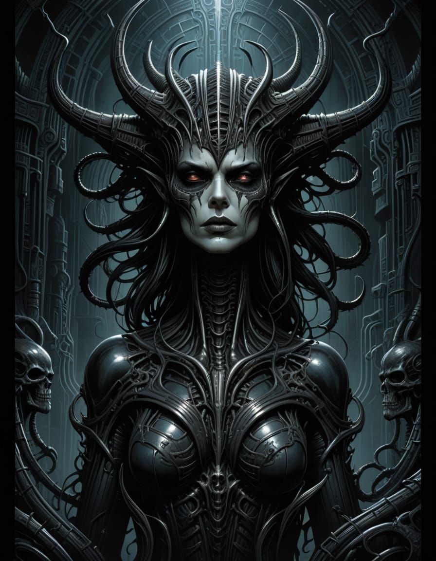 Grimdark Fantasy Landscape in H.R. Giger's Style