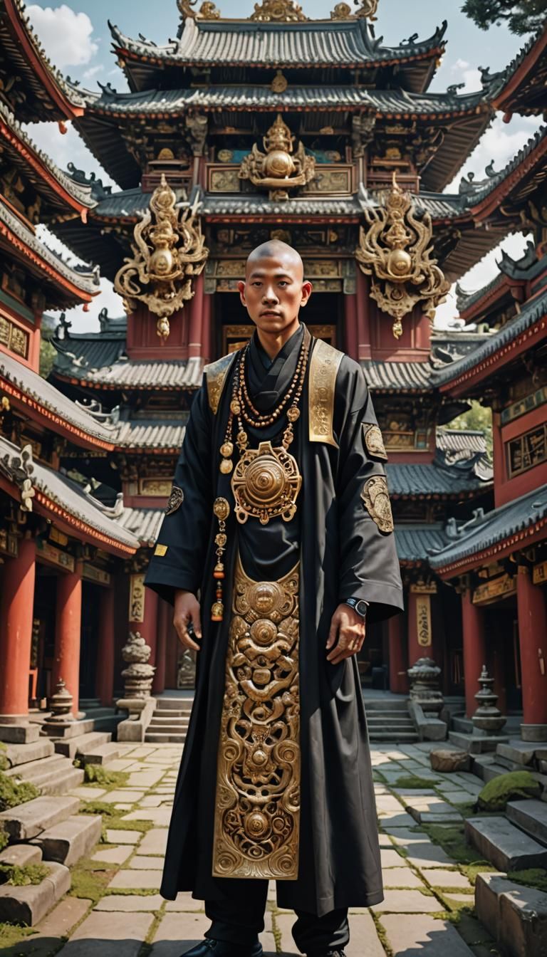 Buddhist Monk in Cyberpunk Temple: Hyperrealistic AI Art