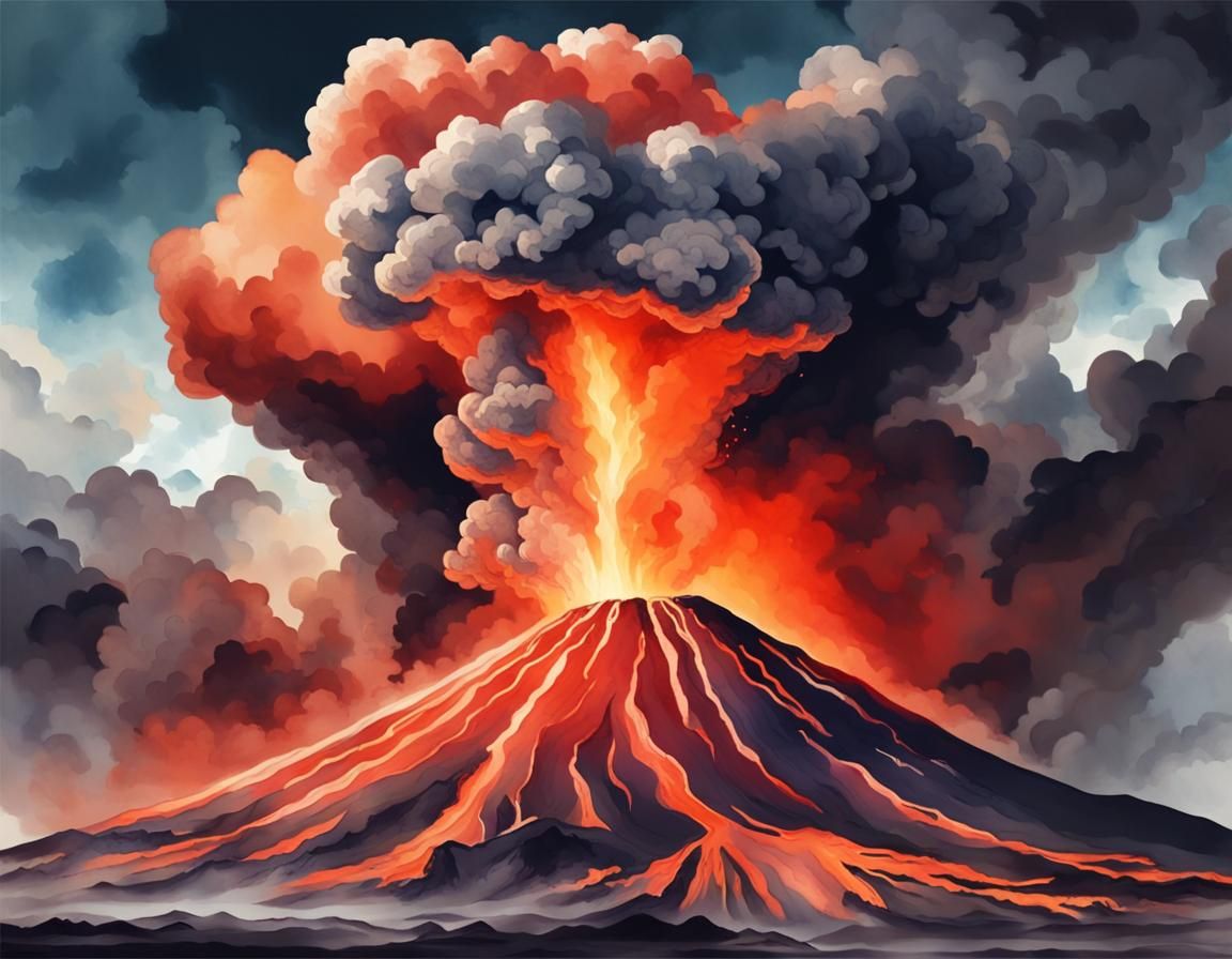 Volcano Eruption in Watercolor Style