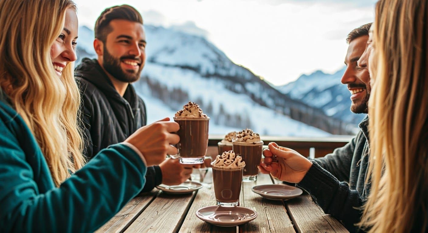 Friends Enjoying Hot Chocolate on a Snowy Mountain Lodge Bal...