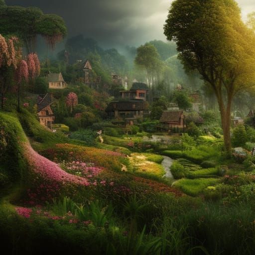 Blooming Village in Forest: Digital Matte Painting