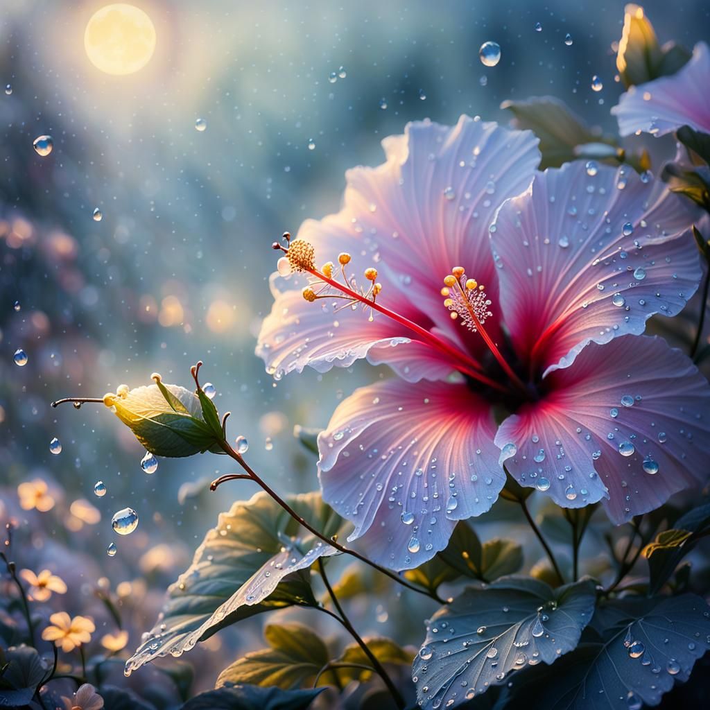 Ethereal Hibiscus Flower in Moonlit Garden